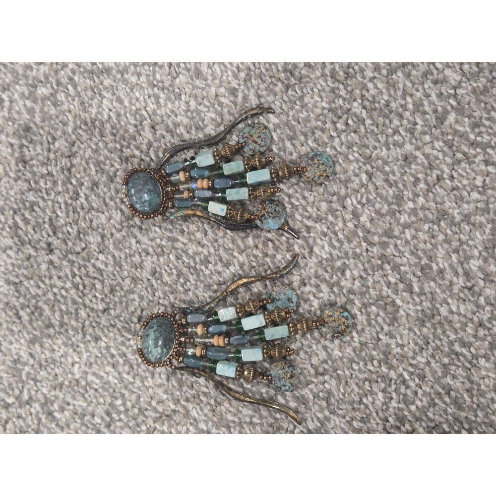 Artisan Beaded Clip On Earrings Turquoise Verdigris Dangle Statement 3.25 in